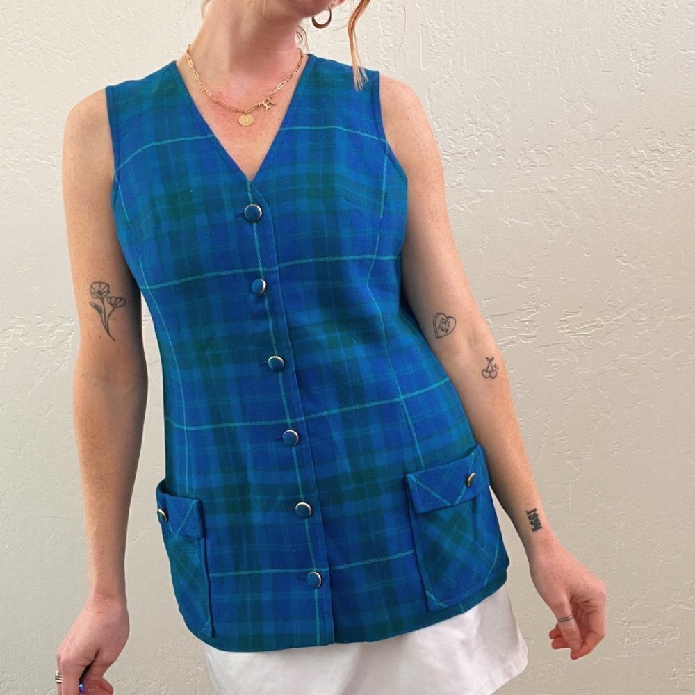 Vintage 1970's 100% Wool Blue Plaid Button Up Vest - Picture 4 of 7